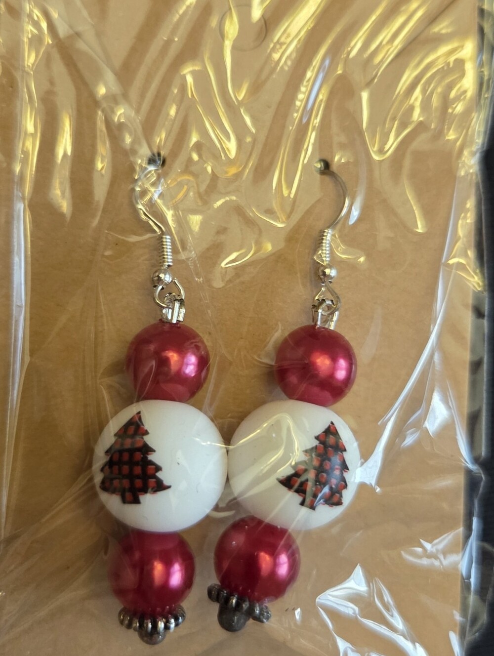 Festive Pink and White Tree Bead Drop Earrings